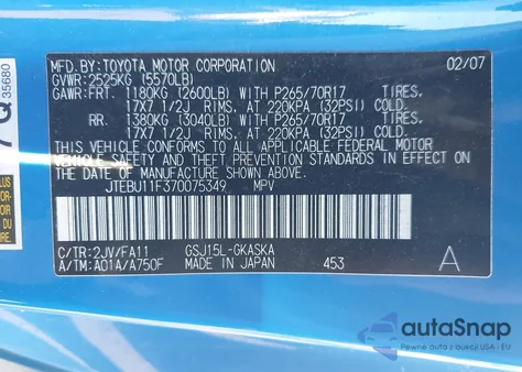 2007 Toyota Fj Cruiser из США, поврежденный, VIN JTEBU11F370075349